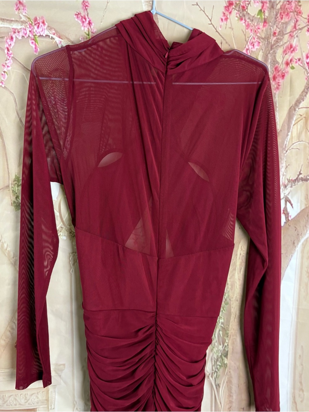 NEW Alexia Admor Burgundy Ruched Mesh Long-Sleeve Evening Dress - Picture 6 of 11